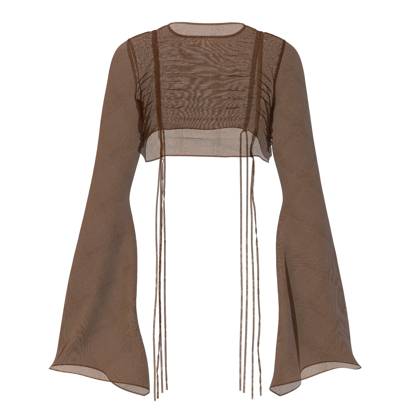 Alevy Studios brown mesh top with drawstrings and long bell sleeves
