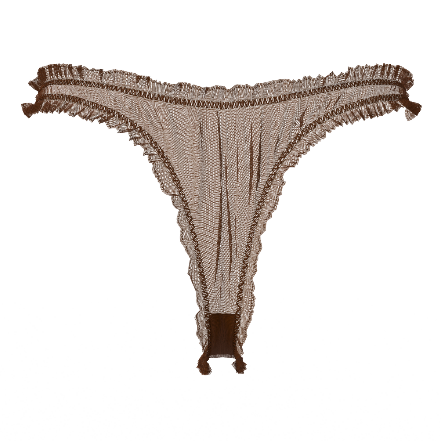 Alevy Studios brown mesh thong with ruffle trim back view