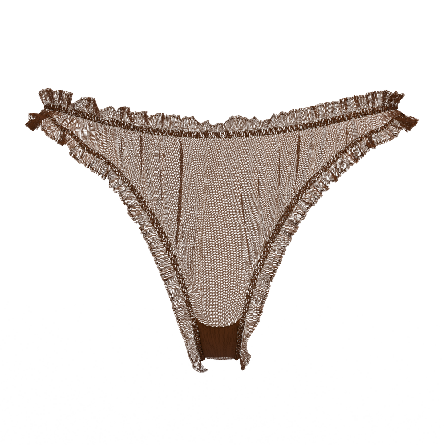 Alevy Studios brown mesh thong with ruffle trim front view