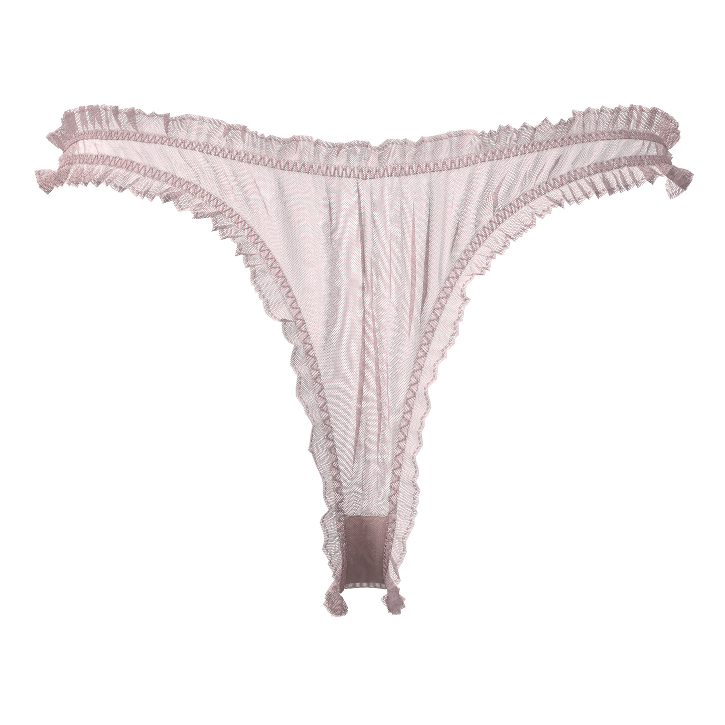 Alevy Studios pink mesh thong with ruffle trim back view
