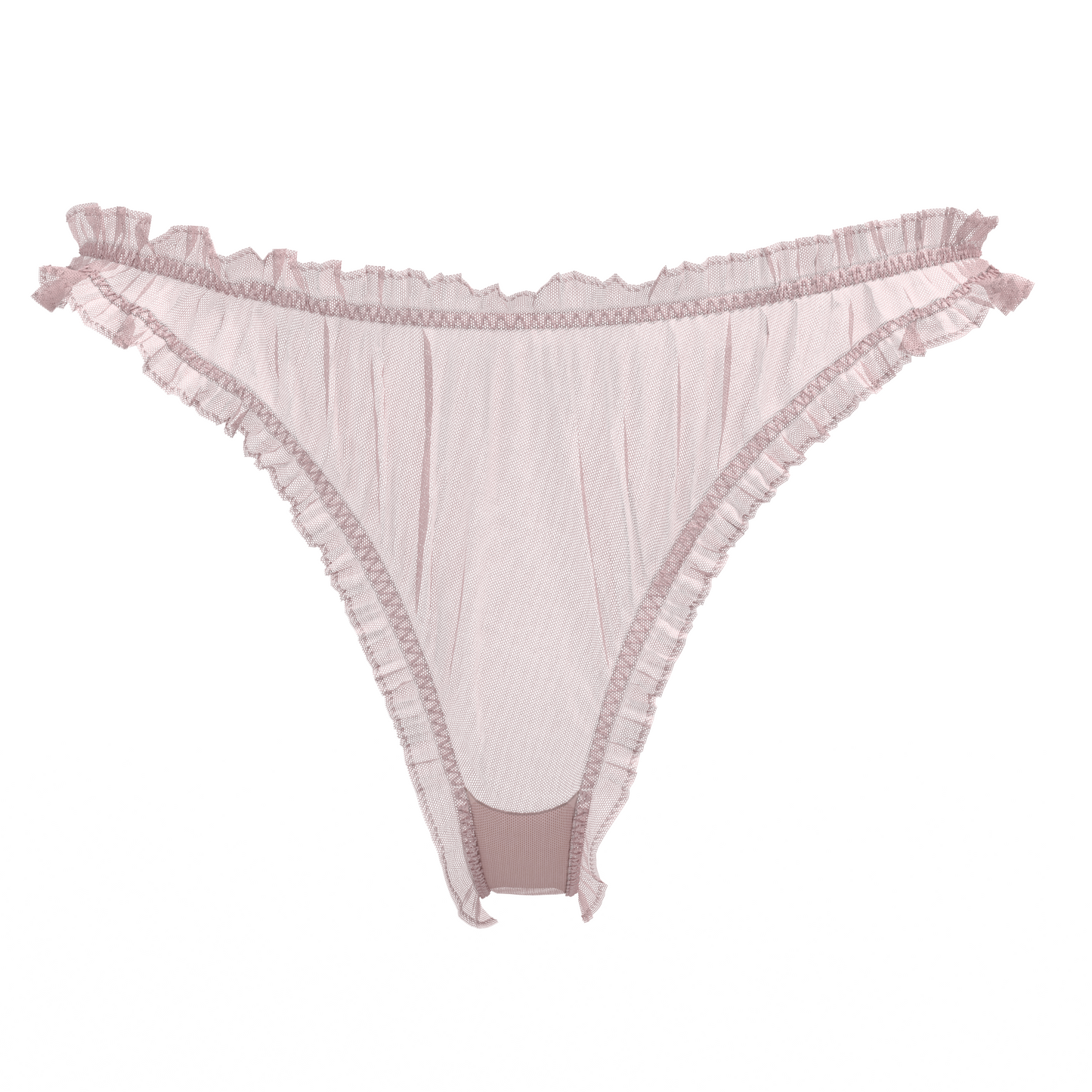 Alevy Studios pink mesh thong with ruffle trim front view