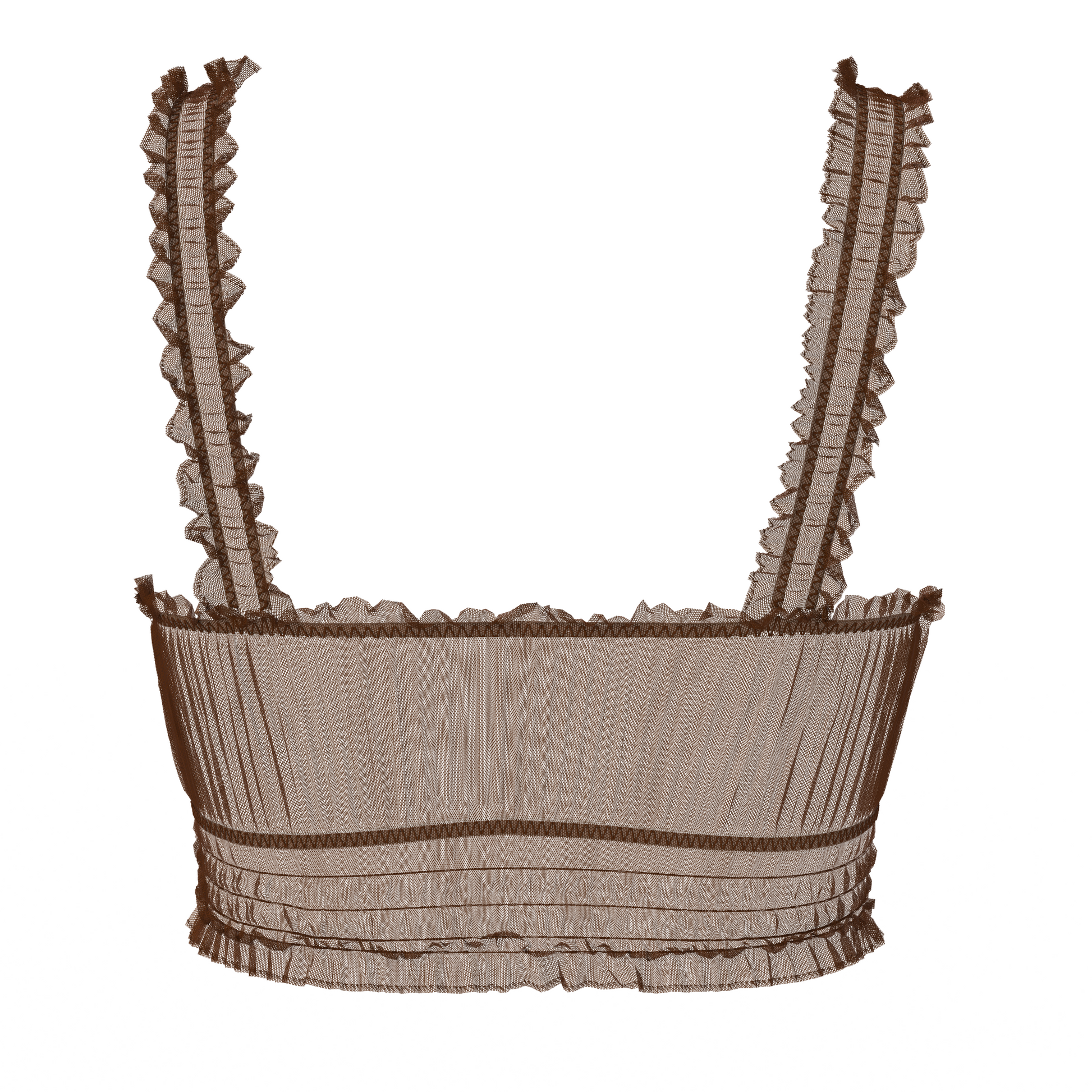 Alevy Studios brown mesh bra with ruffles and underboob slit back view