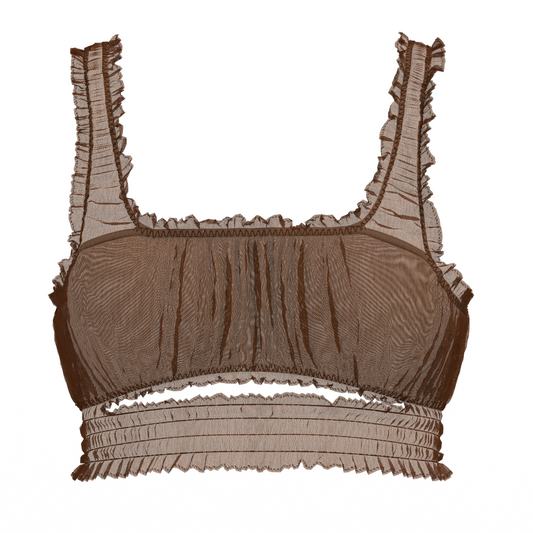 Alevy Studios brown mesh bra with ruffles and underboob slit front view