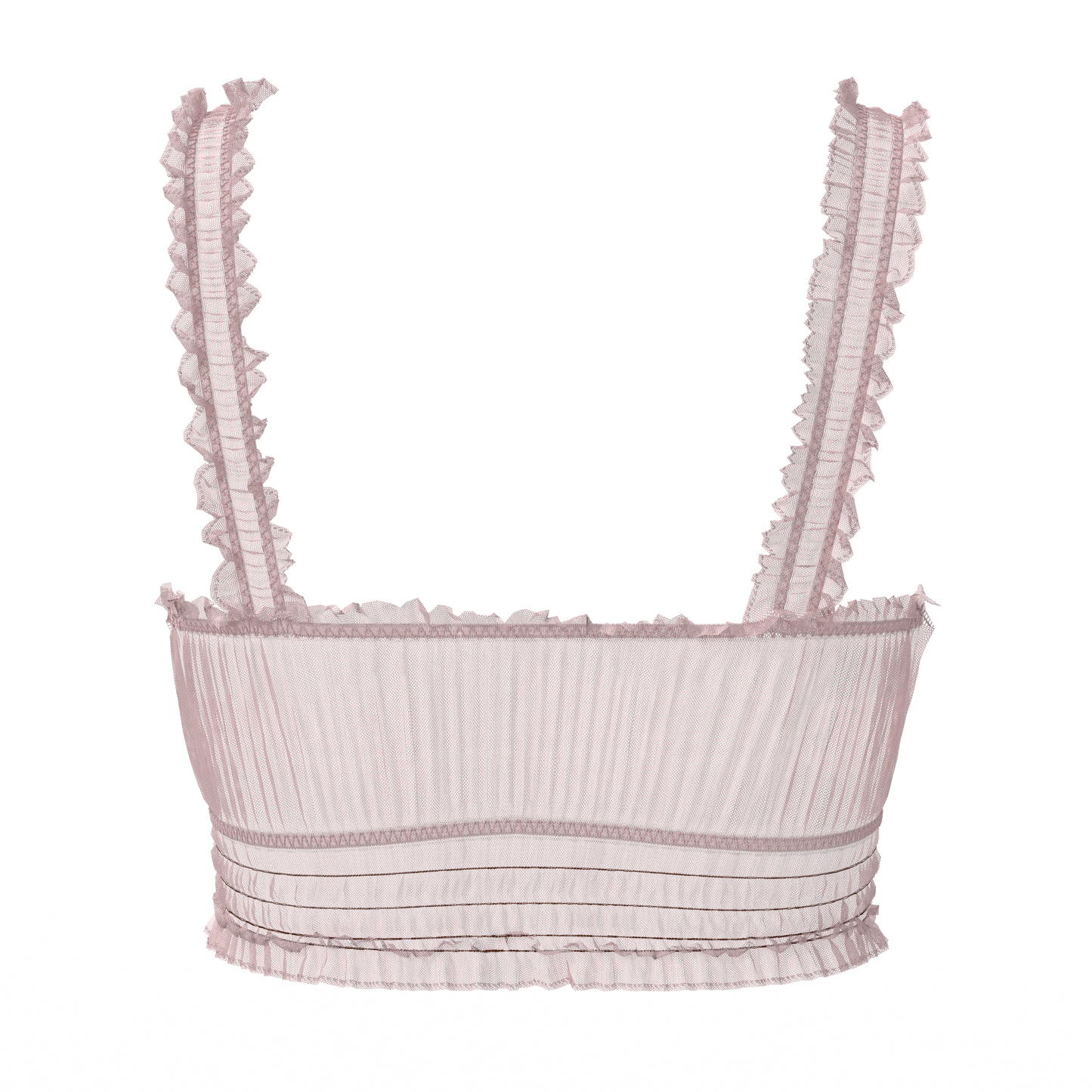 Alevy Studios pink mesh bra with ruffles and underboob slit back view