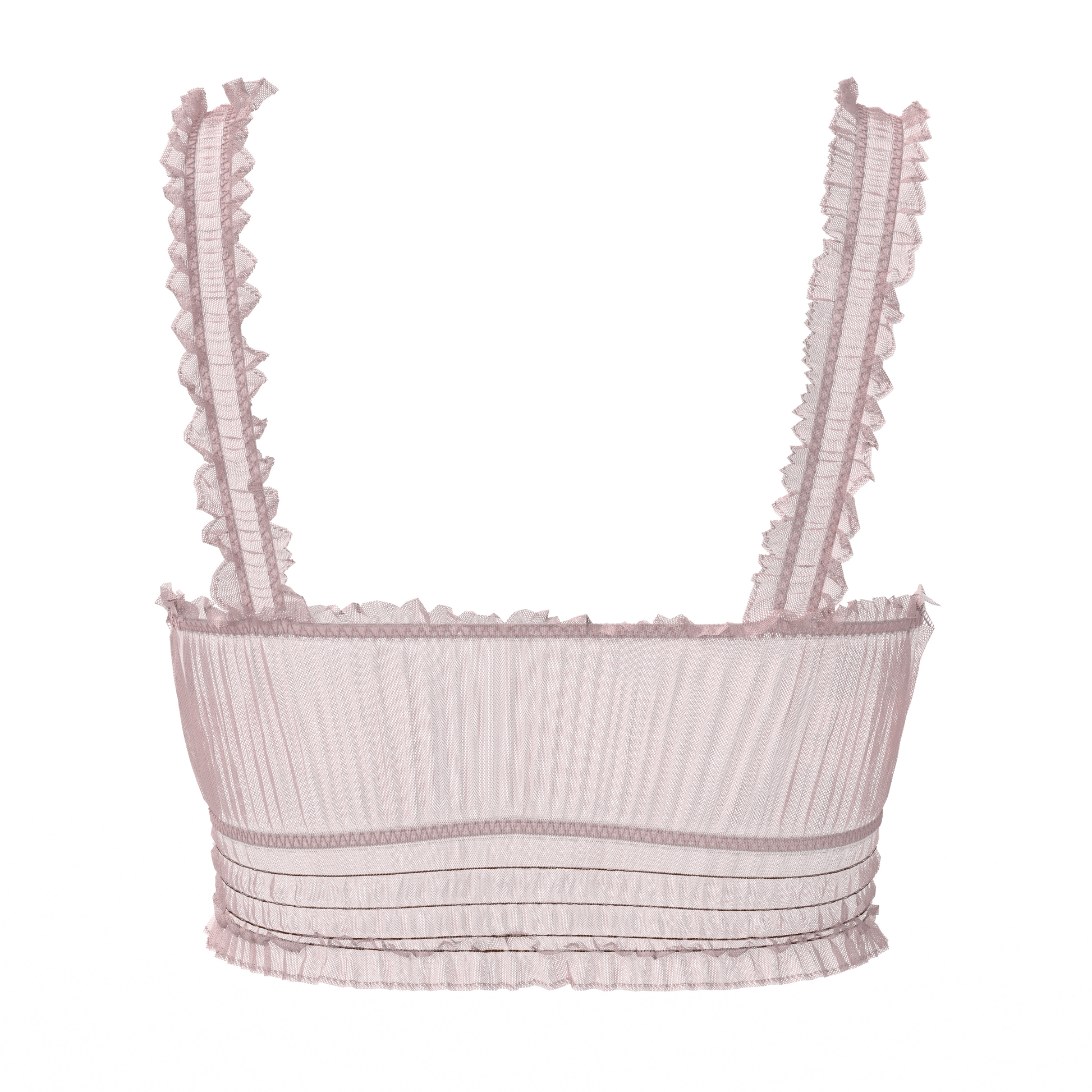 Alevy Studios pink mesh bra with ruffles and underboob slit back view