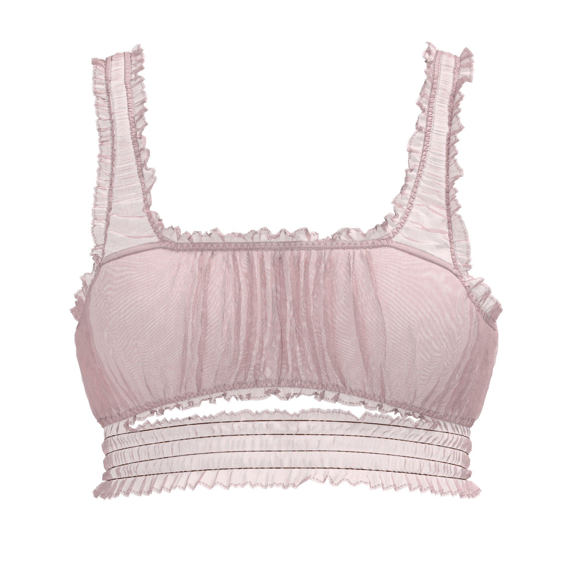 Alevy Studios pink mesh bra with ruffles and underboob slit front view